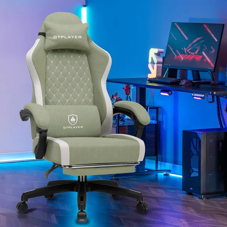 GTPLAYER Gaming Stuhl Ergonomischer, PC Stuhl Atmungsaktiver Stoff, Groß und Hoch Drehbarer Schreibtischstuhl mit Fußstütze,Verstellbare Lendenwirbelstütze und Kopfstütze,Grün – Bild 2