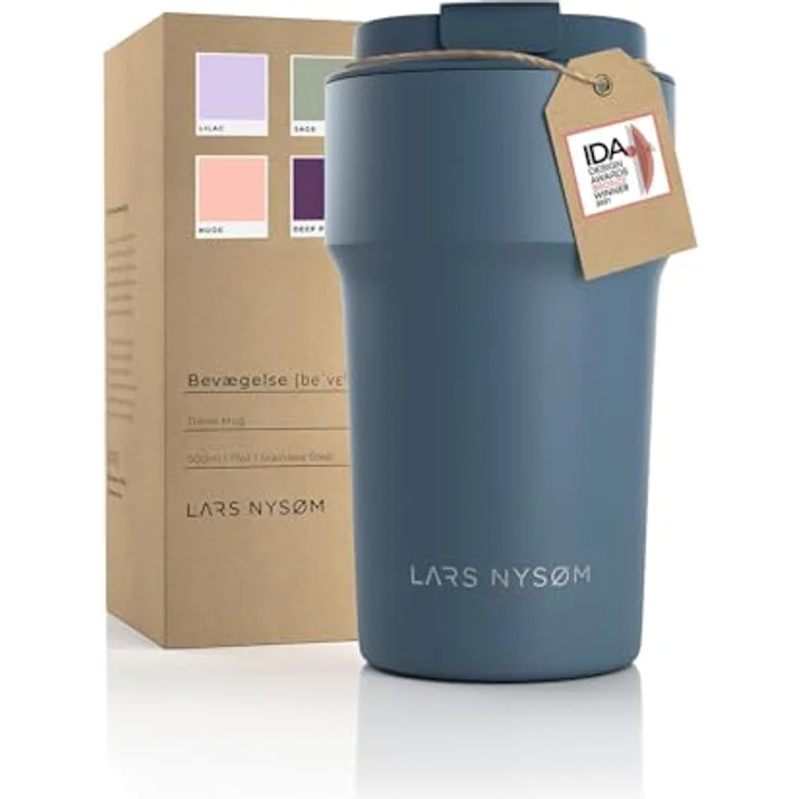 LARS NYSØM Thermo Kaffeebecher to go 500ml | Travel Mug 0,5 Liter mit Vakuumisolierung | Auslaufsicherer Edelstahl Thermobecher für Kaffee und Tee unterwegs (Stone Blue) – Bild 1