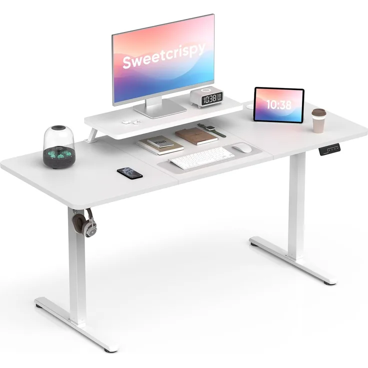 Sweetcrispy Höhenverstellbarer Schreibtisch mit Monitorhalterung, zweistufige Höhenverstellung mit Zwei Speicherpositionen, ergonomisch gestaltet, mit Zwei Haken und Kabeldurchführungen