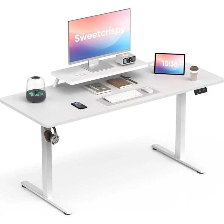 Sweetcrispy Höhenverstellbarer Schreibtisch mit Monitorhalterung, zweistufige Höhenverstellung mit Zwei Speicherpositionen, ergonomisch gestaltet, mit Zwei Haken und Kabeldurchführungen