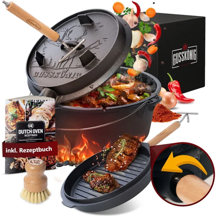 Dutch Oven 12 l mit Füßen – eingebrannt & sofort einsatzbereit, inkl. 2in1 Deckelheber, Reinigungsbürste, Rezeptbuch & Pflegeanleitung