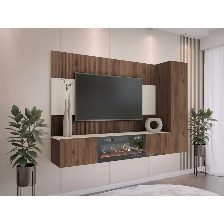Wohnwand Deromi VI mit Kamin (Farbe: Nuss Okapi + Travertin) – Bild 1