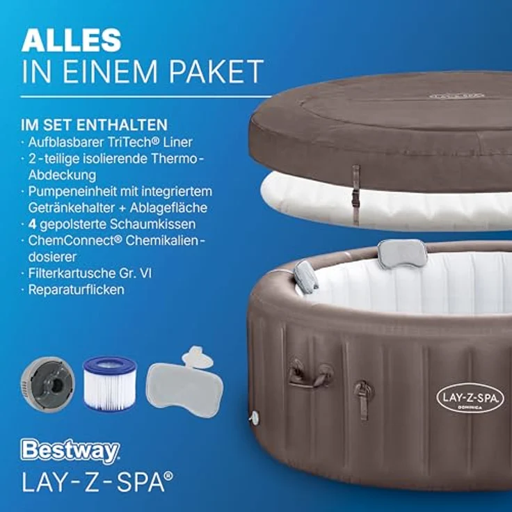 Bestway Lay-Z-SPA Whirlpool Dominica HydroJet, Ø 196 x 71 cm, 6 Personen, Heizung, Frostwächter, 4 HydroJet-Düsen, 140 AirJet-Düsen, App-Steuerung, Thermo-Abdeckung, Energieeffizient, Urbanbraun – Bild 10