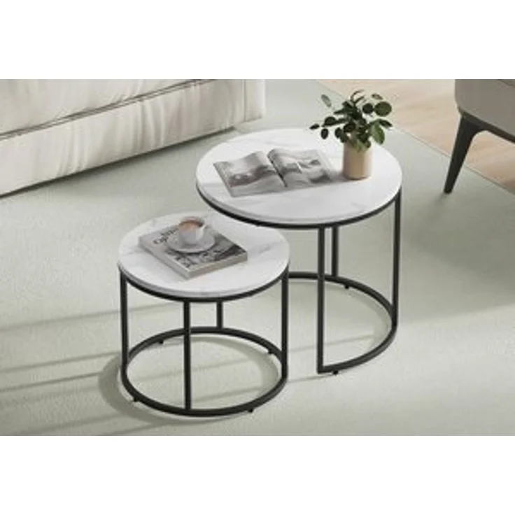 Home Collective Couchtisch 2er Set Beistelltisch Loft Design 2in1 Verschachtelung Wohnzimmer, kratzfeste Oberfläche 53cm und 43cm Marmor Optik mit schwarzen Beinen – Bild 6