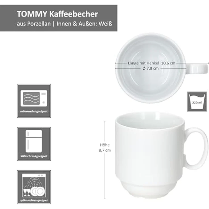 MamboCat Becher 6er Set Tommy Kaffeebecher 220ml weiß Porzellan 6 Personen stapelbar, Porzellan – Bild 6