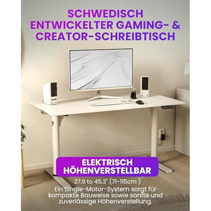 Arozzi Arena Nordico, Elektrisch Höhenverstellbarer Gaming Tisch 140x70 cm mit Kabelmanagement, Monitorarm-Kompatibilität - Weiß – Bild 2