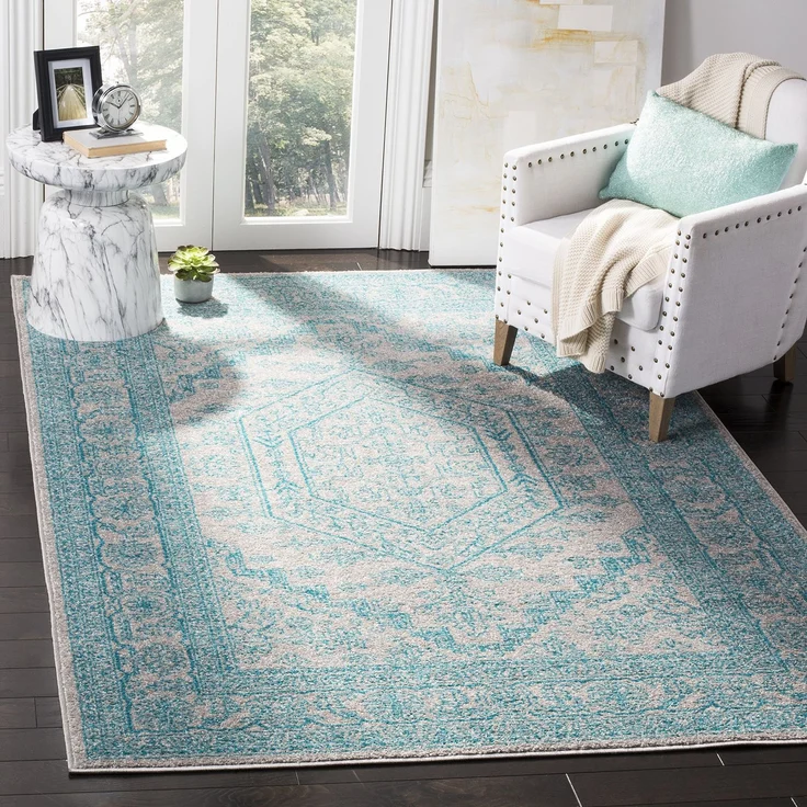 SAFAVIEH Traditionell Teppich für Wohnzimmer, Esszimmer, Schlafzimmer - Adirondack Collection, Kurzer Flor, Hellgrau und Blaugrün, 155 X 229 cm
