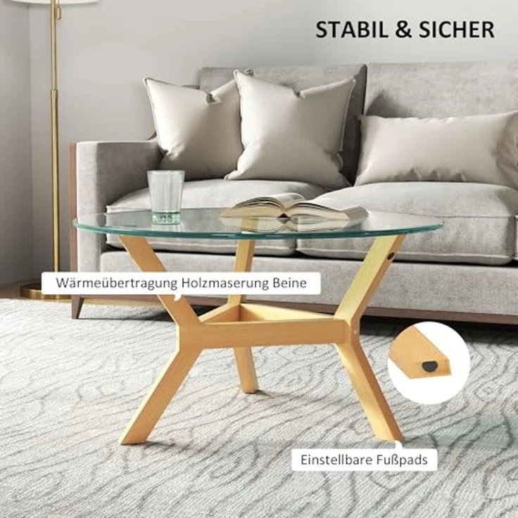 HOMCOM Couchtisch aus Hartglas, mit verstellbaren Fußpolstern und Stahllrahmen, rund (Beistelltisch, 1-St, Wohnzimmertisch), für Wohnzimmer, Transparent, Ø80 x 45 cm – Bild 6