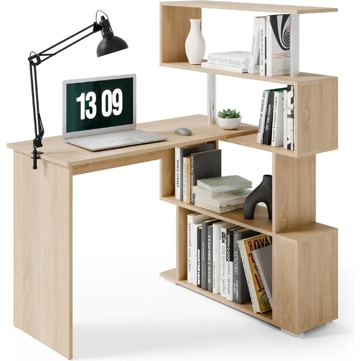Mondeer Computertisch L-Förmig, Eckschreibtisch, mit 360 Grad Drehbarem Bücherregal für Arbeitszimmer Wohnzimmer Büro 157 x 45 x 130,5 cm, Eiche