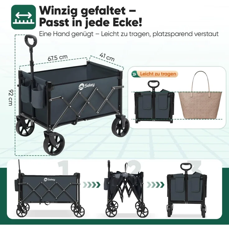 Sekey Mini Bollerwagen Faltbar Handwagen Outdoor Transportwagen 60L, bis zu 80kg, Grau – Bild 7
