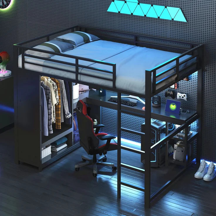 EINHOM 140 x 200 cm Metall-Gaming-Hochbett mit LED, Schreibtisch, Offenem Kleiderschrank und Ablagefächern, Schwarz (Ohne Matratze) – Bild 4