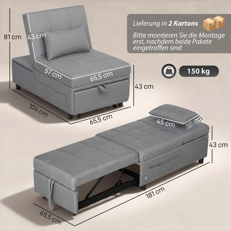 MELAYR, 4-in-1 Klappsessel mit Seitentasche, Gästebett mit Kissen, 104 x 65.5 x 81 cm, Hellgrau – Bild 5