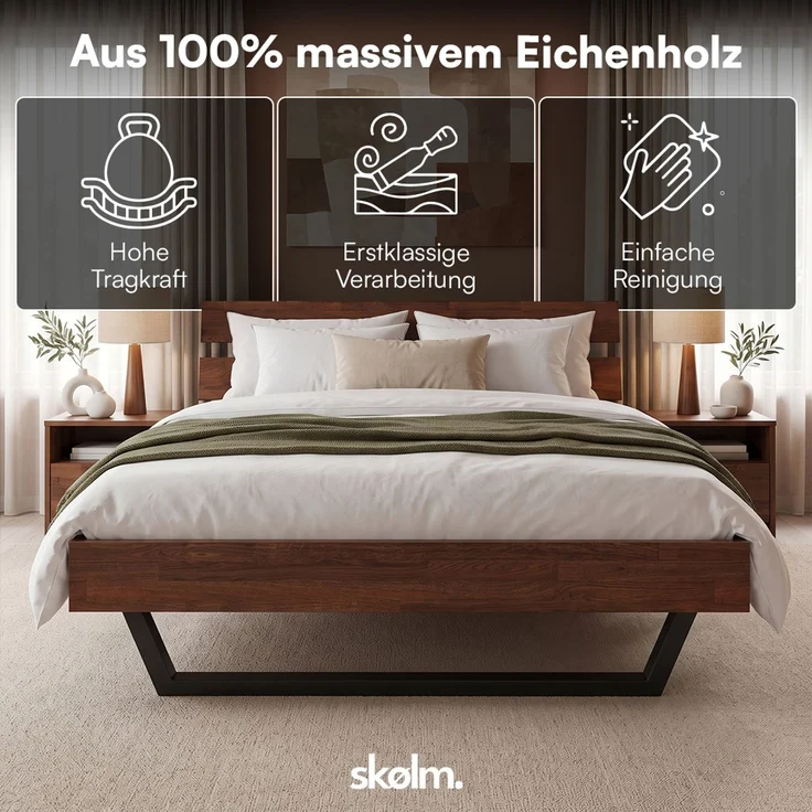 skølm 'Alver' Bett 140x200 cm, Bettgestell, natur geölt, Massivholzbett aus Eiche mit Metallkufen, Walnuss Optik, Bettkopf 2 Streben – Bild 2