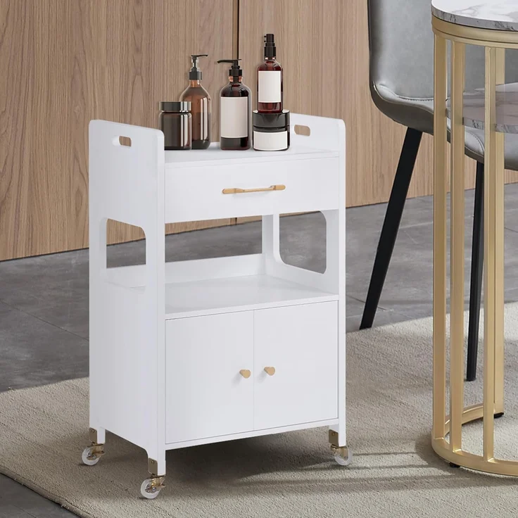 M MCombo Servierwagen mit Rollen & Schubladen, Rollwagen Friseurwagen Weiß, Salon Trolley mit 2 Ablagen, Moderner Arbeitswagen, 35x48x80,5 cm, 0055 – Bild 2