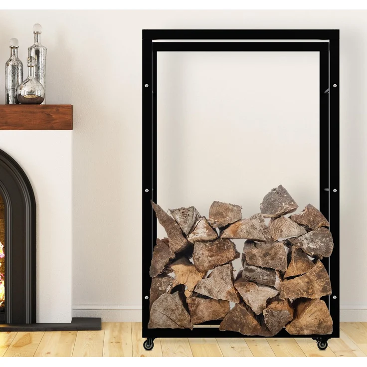 DELUKE® Kaminholzregal innen Metall SATLO - mit Rollen Brennholzregal innen Kaminholzständer Kaminholzhalter Feuerholzregal Innen Schwarz, 25x80x125cm – Bild 2