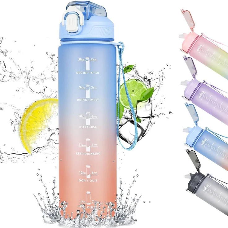 CodiCile Trinkflasche 1L mit Strohhalm und Zeitmarkierung_BPA-frei – Bild 1