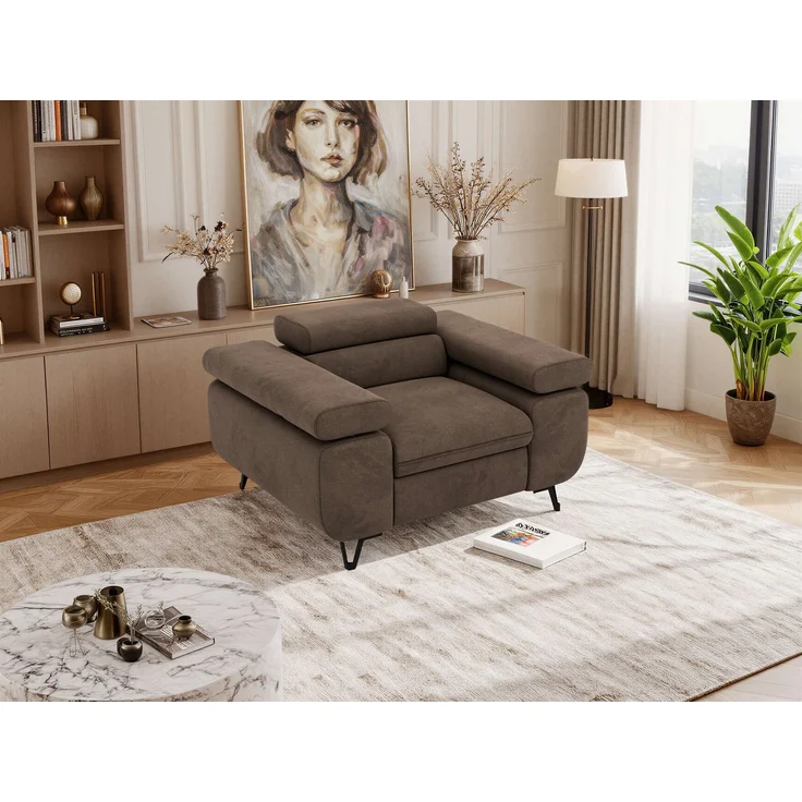 Einzelsessel, Polstersessel PETER mit verstellbaren Armlehnen und Kopfstütze, 1-Sitzer Sofa, Ohrensessel, Wellenfeder - Braun Velvet – Bild 5