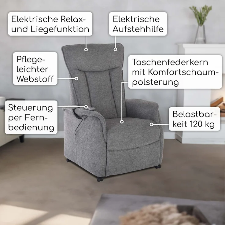 Raburg TV-Sessel Fernsehsessel mit Aufstehhilfe, Relaxsessel mit Liegefunktion, Marie, elektrisch mit Fernbedienung, 2 Motoren, bis 120 kg – Bild 2
