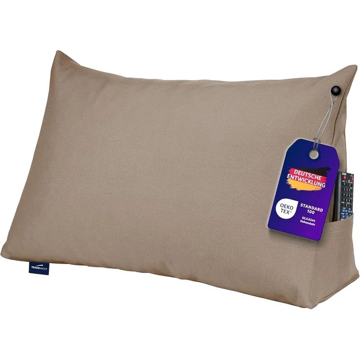 Traumnacht Cozy Rückenkissen, Lesekissen,abnehmbarer, waschbarer Bezug aus 100% Polyester,praktisches Seitenfach,Öko-Tex zertifiziert,produziert nach deutschem Qualitätsstandard,70x40 cm, hellbraun, – Bild 1