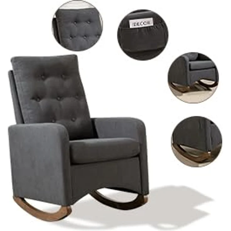GarveeHome Gepolsterter Schaukelstuhl Mit Stoffbezug, Lesesessel Mit Seitentasche, Loungesessel Mit Hoher Rückenlehne Und Holzbeinen, Für Wohnzimmer Und Schlafzimmer, 66 x 65 x 86 cm – Bild 8