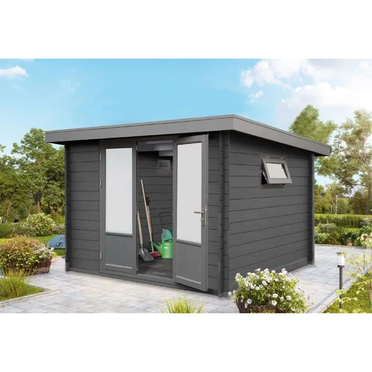 Wolff Finnhaus WPC Gerätehaus Trend C Gerätehaus aus Kunststoff in Grau Geräteschrank mit 28 mm Wandstärke Gartenhaus