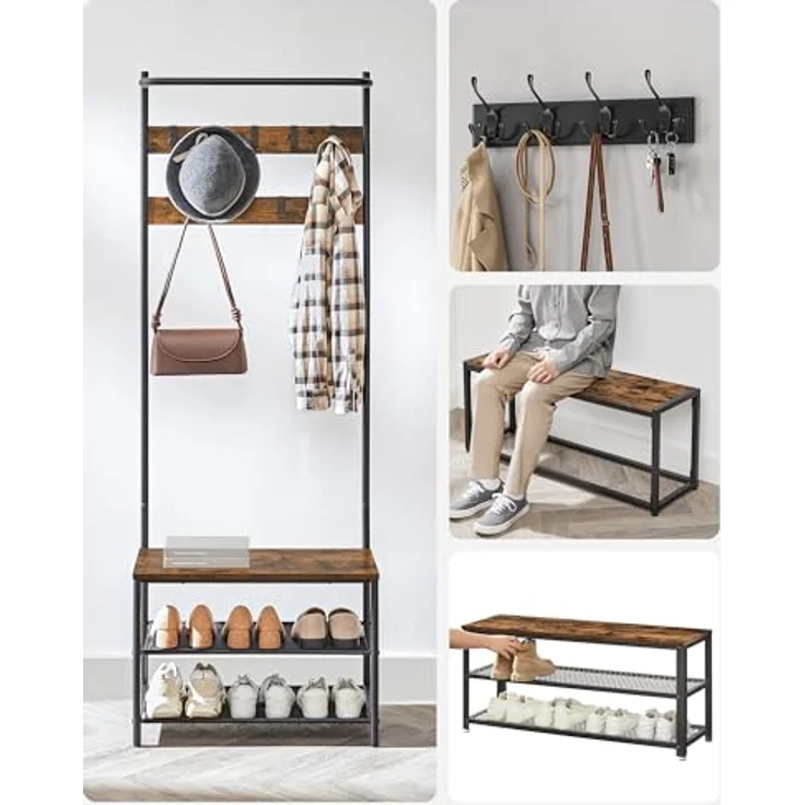 Vasagle Garderobenständer mit 9 abnehmbaren Haken und Sitzbank, Holzwerkstoff vintagebraun / schwarz, 32,2 x 64 x 180 cm – Bild 7