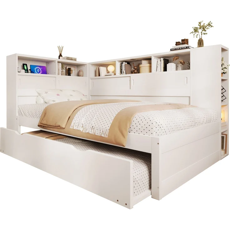 CHICFURN Bett 90x200 cm aus MDF und Spanplatte Weiß mit Ausziehbett, Stauraum und USB-Anschluss – Bild 7