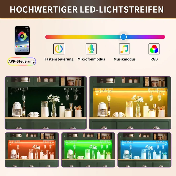 EINHOM Seitenboard / Aufbewahrungsschrank / Küchenschrank / Buffetschrank, 104 x 40 x 180 cm, Landhausstil, 4 Türen, mit LED-Lichtleiste & Getränkehaltern, Grün/Weiß, Grün – Bild 6