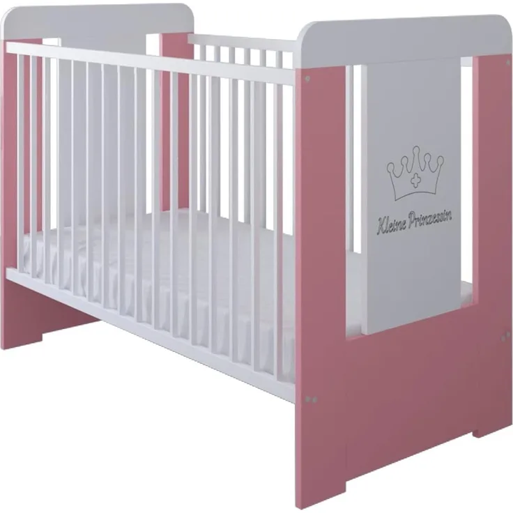 Kids Collective Babybett Gitterbett höhenverstellbar, herausnehmbare Sprossen, Kleine Prinzessin Gravur 60x120 weiss pink Mädchen, mit Matratze