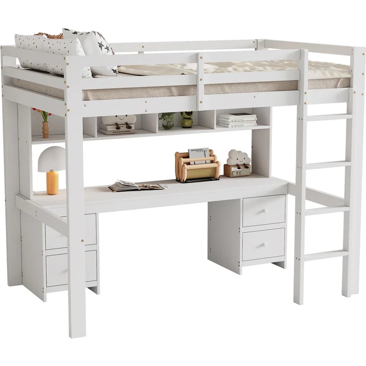 Hochbett 90x200 cm mit Schreibtisch und Stauraum,Kinderbett aus massivem Kiefernholz,Multifunktionsbett mit 4 Schubladen und 4 Regalfächern,Weiß – Bild 8