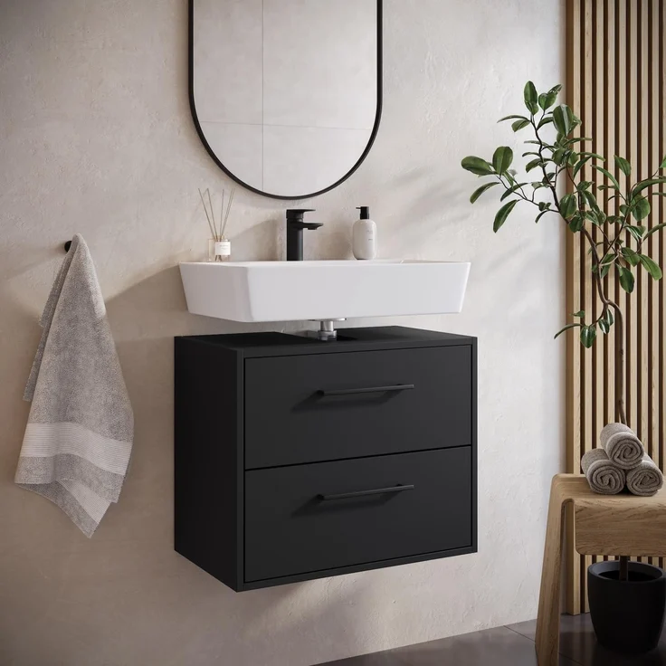 Waschbeckenunterschrank Florence 60 x 35 cm Schwarz Matt - Hängender Badezimmerschrank mit 2 Schubladen – Bild 2