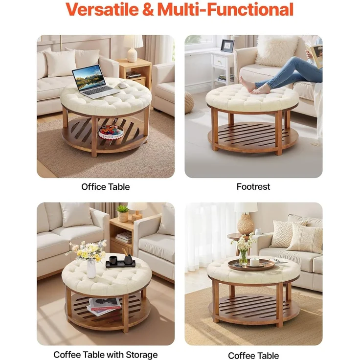 VEVOR runder großer Couchtisch (810 x 810 x 476 mm) mit Ablagefläche aus Massivholz, massiv gepolsterte Ottomane mit Fußstütze aus Leinen für Schlafzimmer Wohnzimmer, 158,76 kg, Leinenfarbe – Bild 6