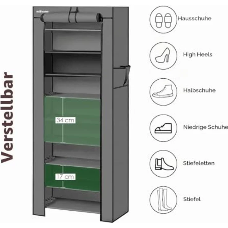 Edihome, Schuhregal, Stoff mit 10 Ebenen, (58 x 28 x 162 cm), Schuhaufbewahrung, mit staubdichtem Überzug, Schuhschrank, Sportschuhe, Schuh-Organizer, für High Heels (Gra) – Bild 4