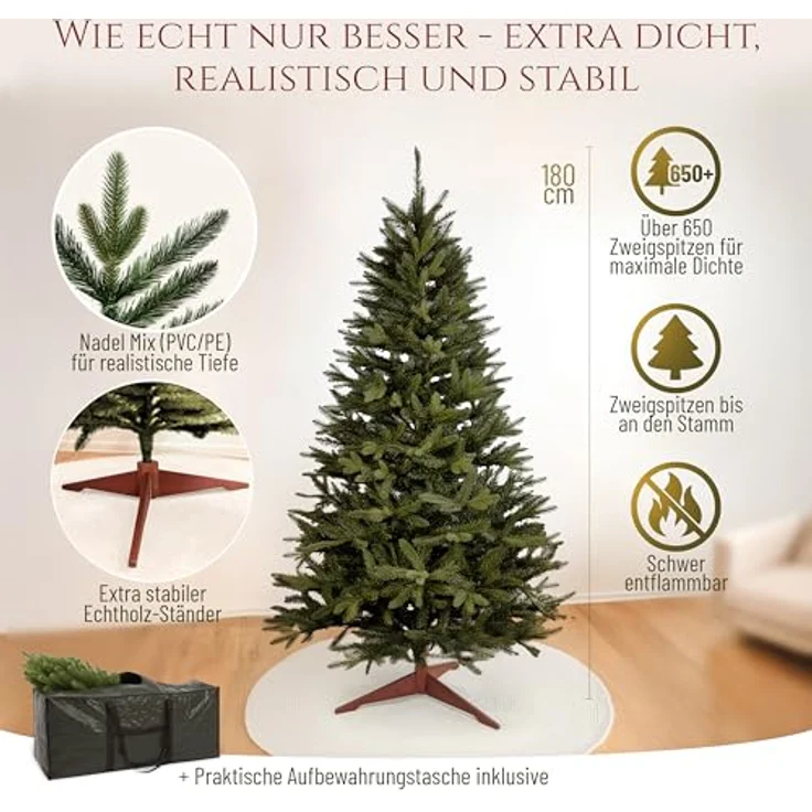 Premium Weihnachtsbaum künstlich 180cm - Naturgetreu, dichte Zweige, Künstlicher Weihnachtsbaum mit Holzständer und Aufbewahrungstasche – Tannenbaum künstlich von Pure Living – Bild 4