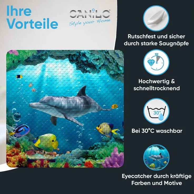 Sanilo Duschmatte, mit Motiv, rutschfest, waschbar, quadratisch, 230 extra starke Saugnäpfe, Kunststoff PVC, 53 x 53 cm, Delphin – Bild 2