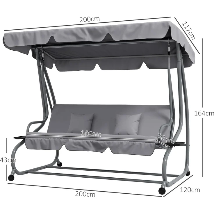 Outsunny Hollywoodschaukel Gartenschaukel mit Sonnendach, Liegefunktion, 2-Sitzer, Bettfunktion, Schaukelbank, 1 tlg, Bettschaukel, für Garten, Hellgrau – Bild 7