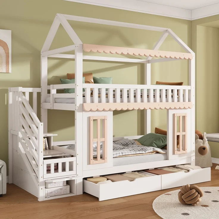 ZUBALIYA Etagenbett, Kinderbett, Hausform, Seitlicher Stauraumschrank mit Leiter, 2 Schubladen, Dekorative Holzfenster und Zierleisten, Kiefer+MDF, Weiß+Natur, 90x200 cm, Natur / Weiß – Bild 6