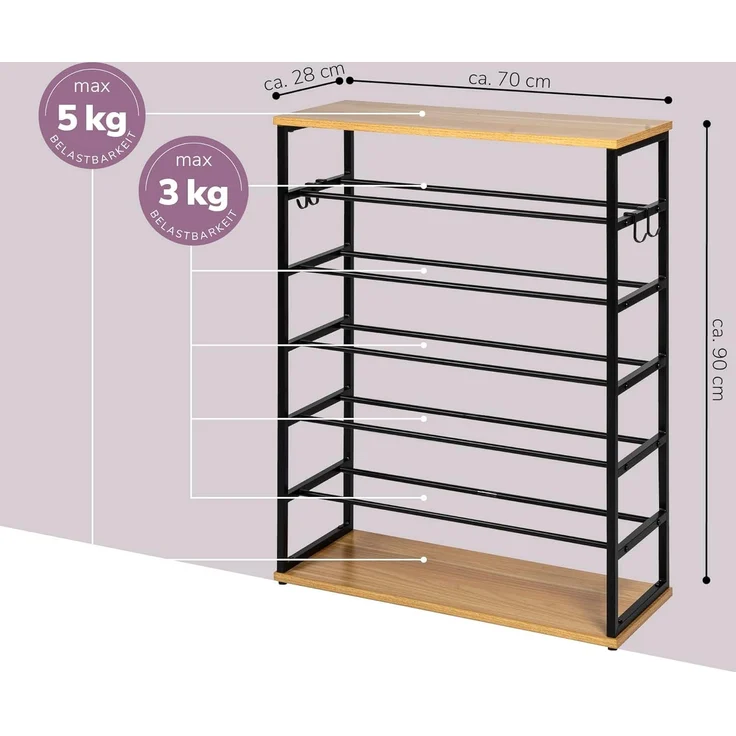 eluno Schuhregal für max. 18 Paar Schuhe, 2 Holzablagen, 4 Haken – Bild 3