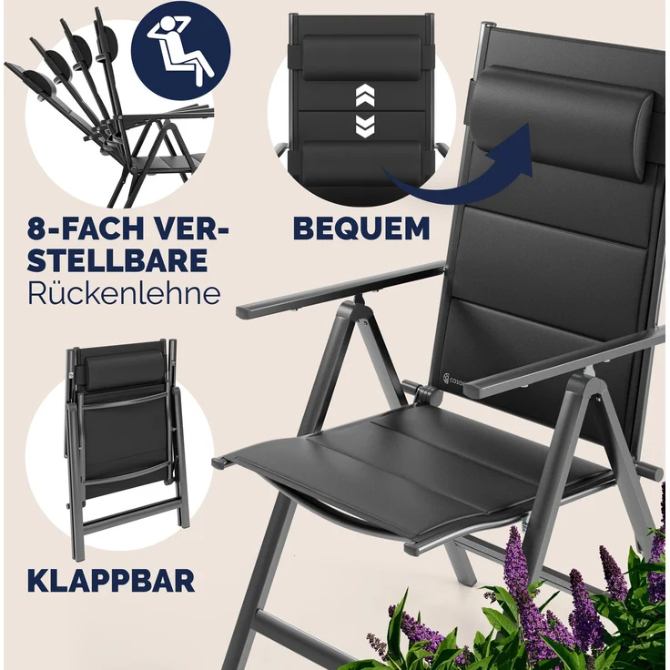 CASARIA® Alu Gartenstühle 4er Set Gepolstert 8-Fach Verstellbar Anthrazit – Bild 3