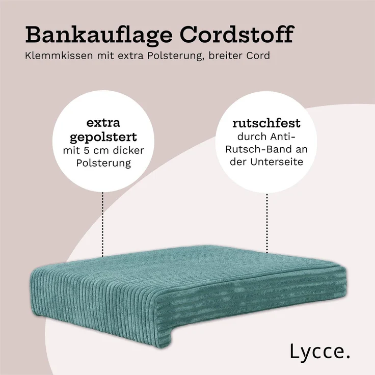 Lycce Bankauflage Klemmkissen mit Leiste - Cord, Polsterung, rutschfest Türkis 8x40x38cm – Bild 3