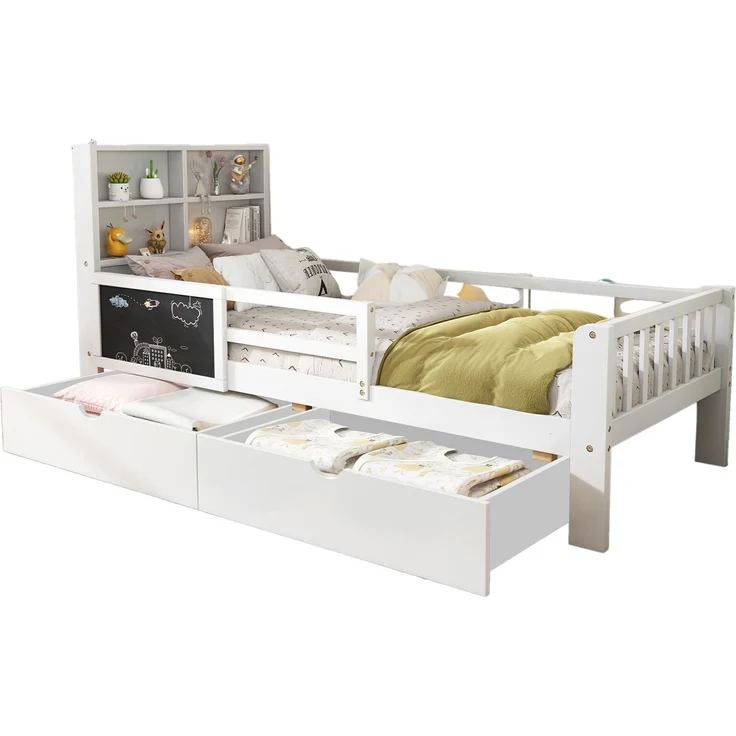Kinderbett 90x200 cm in Weiß mit Tafel, Sicherheitsleiste und 2 Schubladen – ohne Matratze – Bild 8