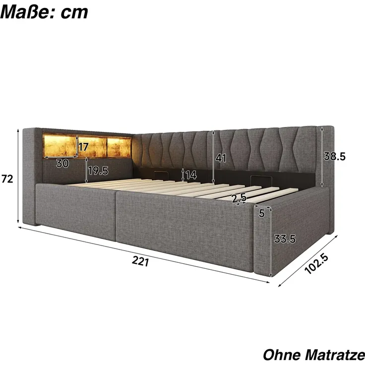 Schlafsofa mit LED-Streifen, Lattenrost, Regal, Rückenlehne, Aufbewahrung, Type-C und USB, 90x200 cm, Polsterbett, Einzelbett, Tagesbett, Leinen – Bild 6