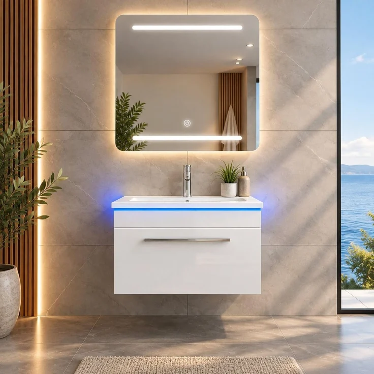 Faizee Home Badmöbelset 60 cm Hochglanz inkl. Keramik-Waschbecken, LED-Spiegel & Soft-Close – Bild 1