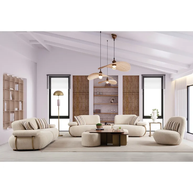 Sitzgruppe/Sofa Set - Modulares Wohnzimmergarnitur "Quince" 3+2+1 + Mittelkonsolentisch + Hocker-Beige