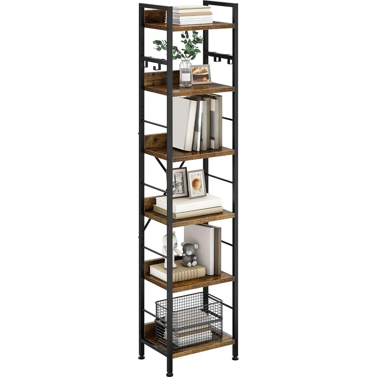 YITAHOME Bücherregal mit 6 Ebenen, bodenstehendes Bücherregal mit 4 Haken, Holzregal und Metallrahmen, Bücherregal, industrielles Hochregal, Aufbewahrung für Wohnzimmer, Heimbüro, Vintagebraun – Bild 6