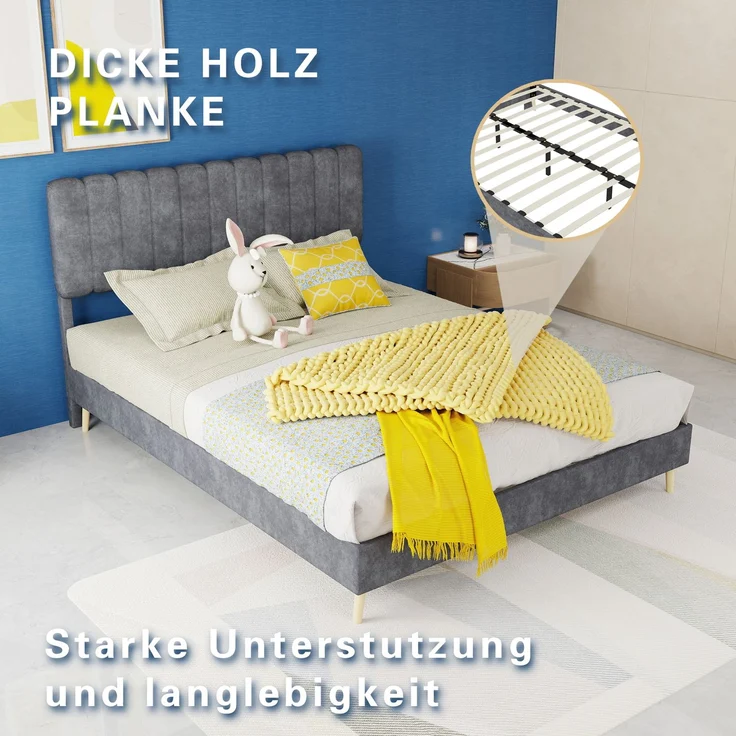 Novelux Polsterbett 140x200 cm mit Weichem Kopfteil – Stabiles Plattformbett aus Holz & Samt Grau, Modernes Minimalistisches Bettgestell ohne Matratze – Bild 4
