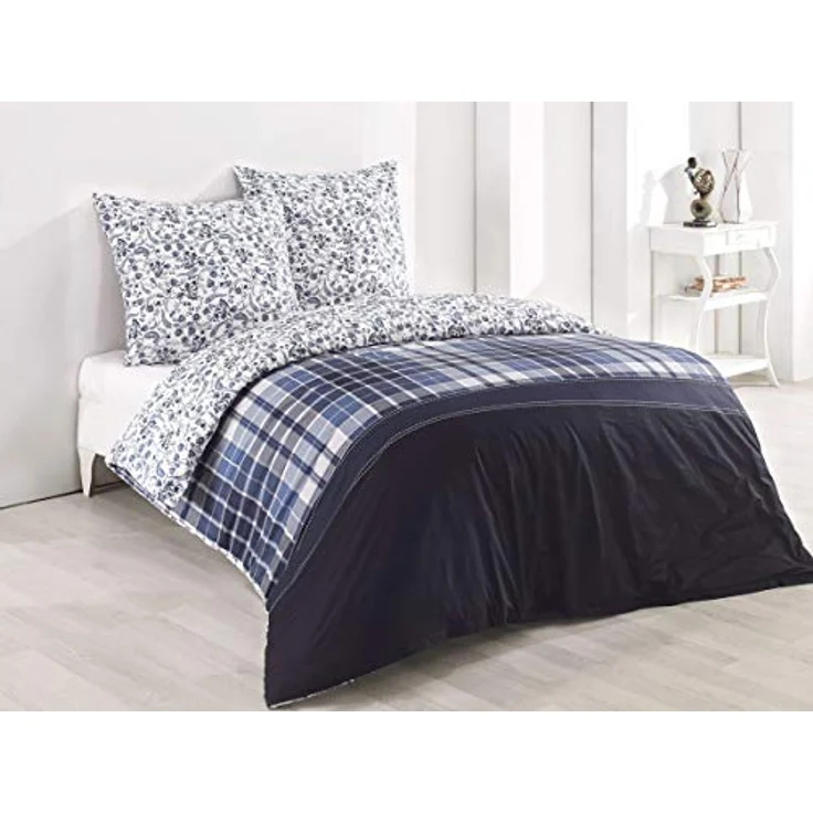 Buymax Bettwäsche Wende-Bettwäsche, Pablo, Renforce: 100% Baumwolle, 3 teilig, 200x200 cm, Bettbezug-Set, mit Reißverschluss, Blumen, Karo, Weiß Blau – Bild 2