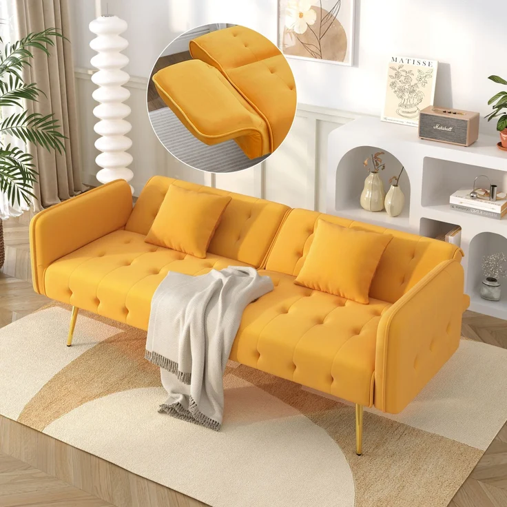Sofabett 2-in-1 Samt,Zweisitzer mit verstellbarer Rückenlehne & Armlehnen, zum Gästebet,Gelb – Bild 2