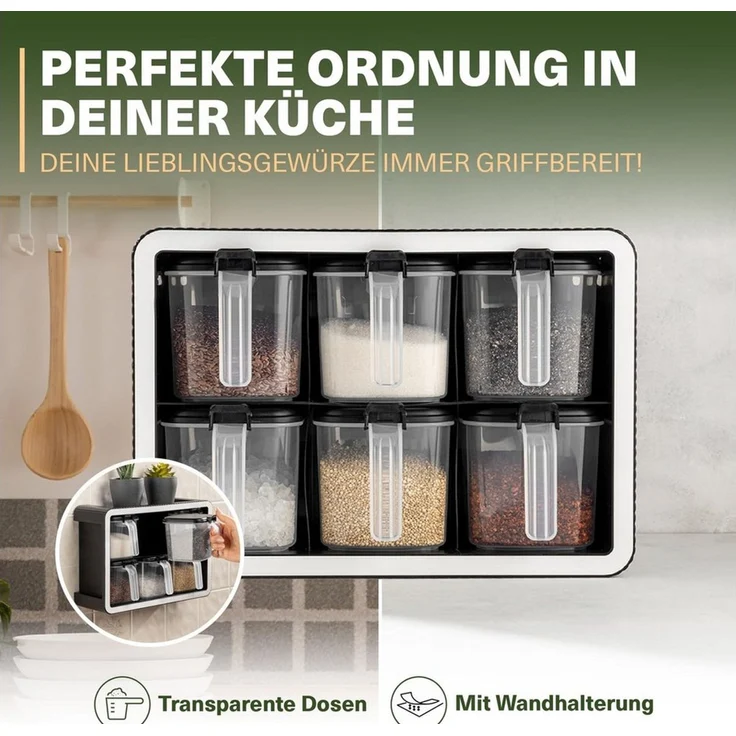 Viwares Gewürzbehälter platzsparendes Gewürzregal mit Aromaschutz, 550ml, (Set, 6-tlg, 6er), Mit Wandhalterung und Löffeln – Bild 3