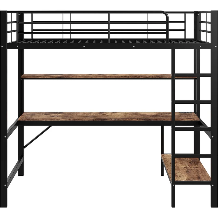 Hochbett 90x200 cm, Kinderbett und Jugendbett, mit Schreibtisch, mehrstöckigem Regal, LED-Licht und USB/Steckdose, Metall, Schwarz – Bild 8